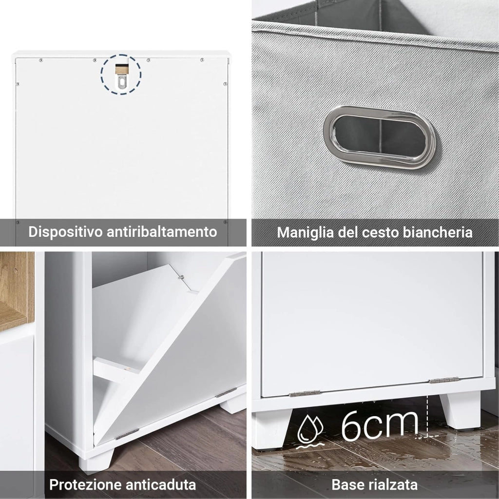 Mobile Bagno Salvaspazio con Cesto Portabiancheria – Mobiletto Cassettiera Bagno, Mobile Lavanderia Bianco, 35 x 30 x 105 cm, BZR146-W