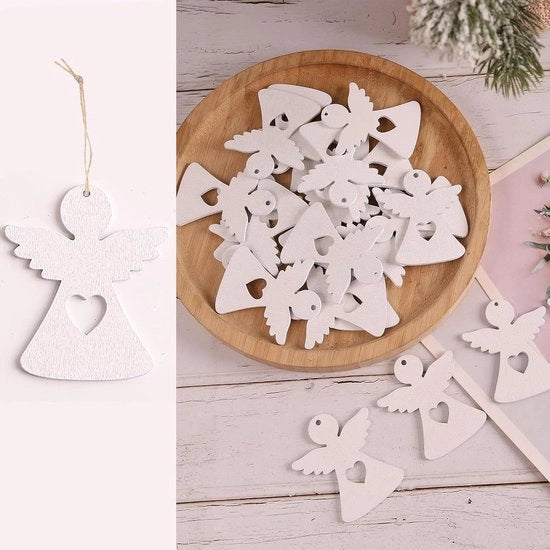 Decorazione di Natale in legno - Set da 40 pezzi - Angelo custode, portafortuna, decorazione natalizia - Angelo bianco con cuore