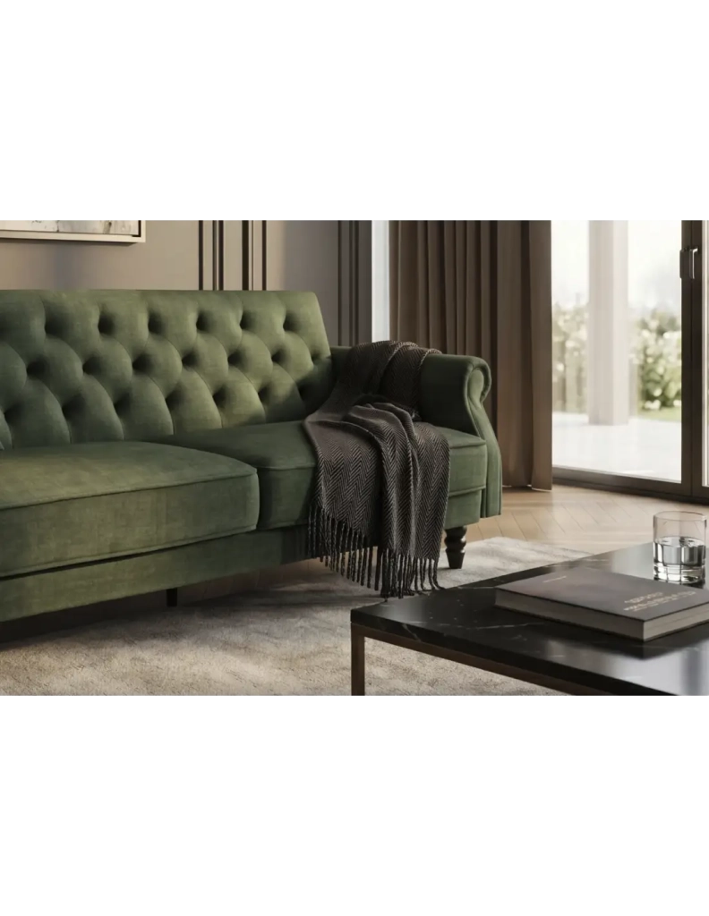 Divano diritto MILES convertibile 3 posti in velluto capitonné - Verde scuro - 220 x 85 x 120 cm