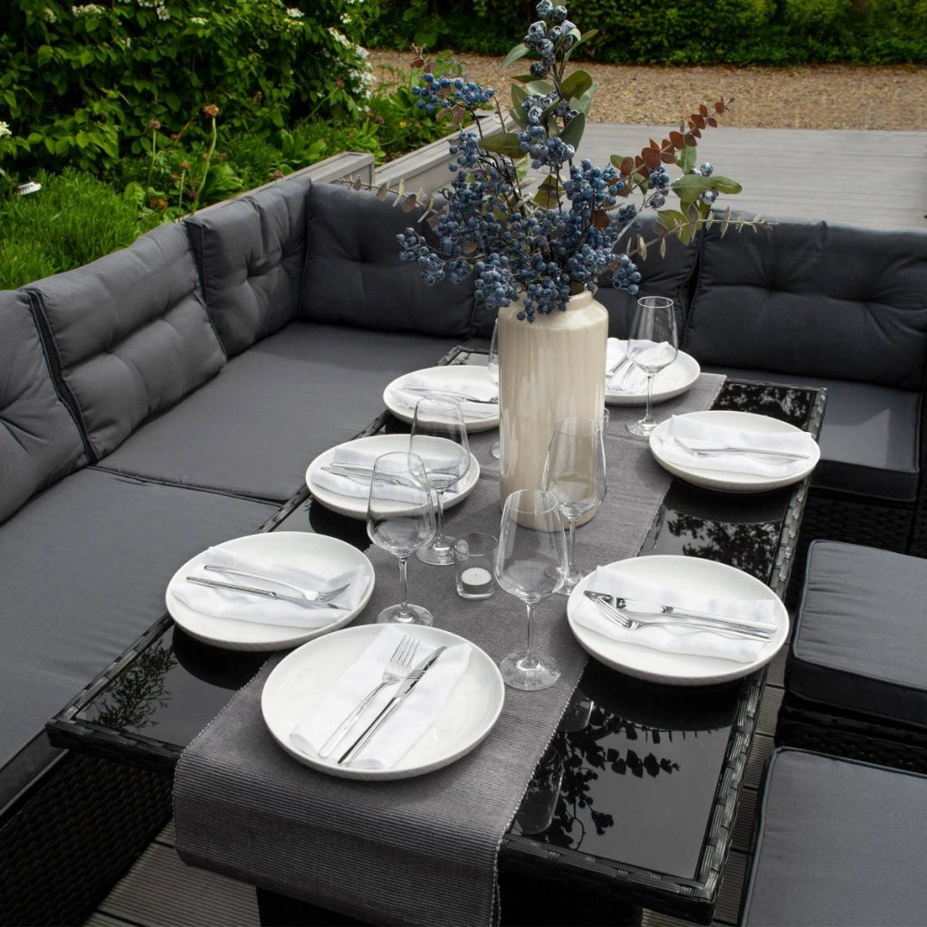 Set d'angolo in rattan Mobili da giardino Nero Divano Sgabelli Tavolo Cuscini Impermeabili