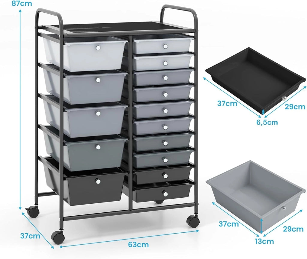 Carrello con 15 Cassetti Impilabili, Carrello di Stoccaggio con Ruote, Carello Portaoggetti per Casa e Ufficio, 62,5 x 37 x 87 cm (Nero 2)