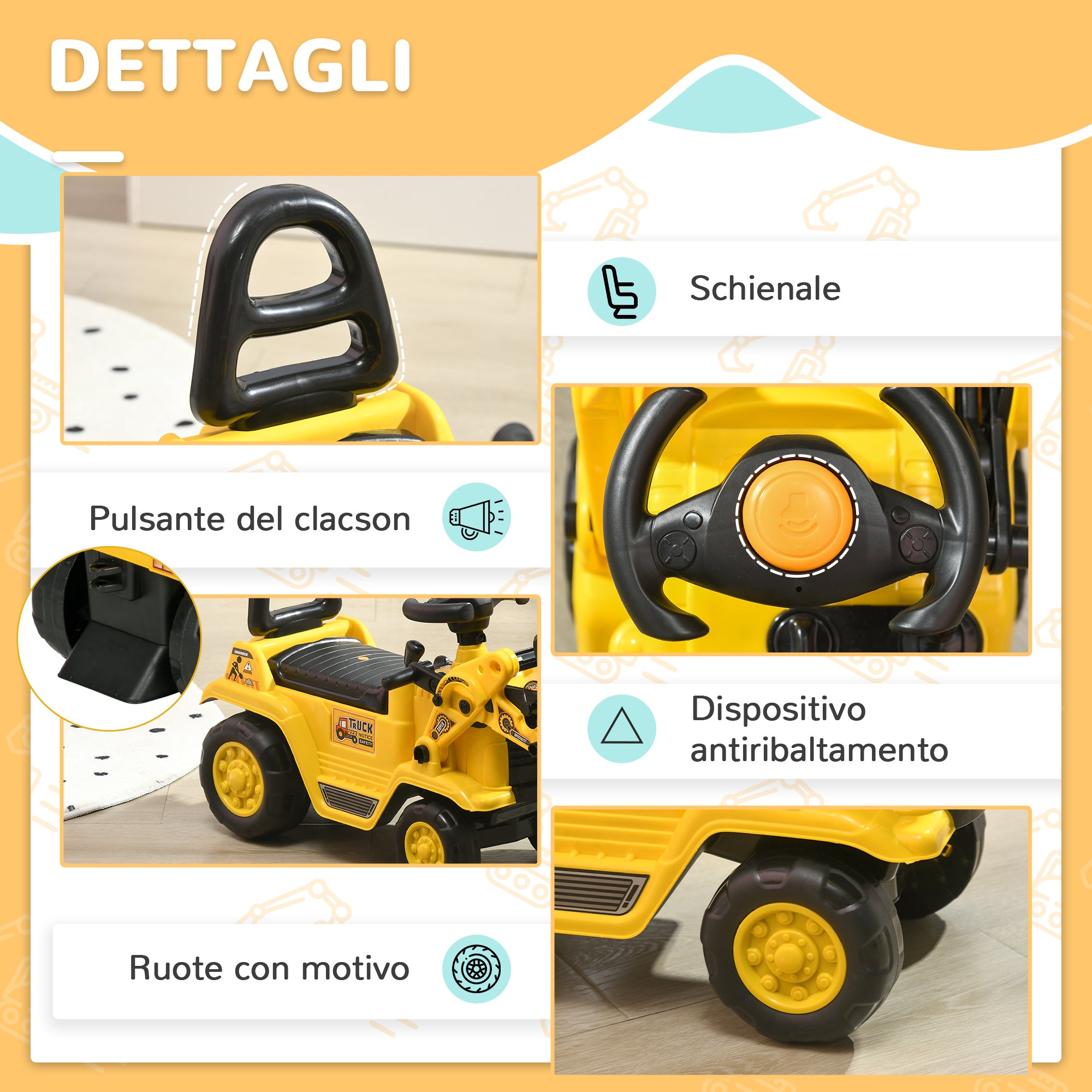 Escavatore Cavalcabile per Bambini 80x26,5x39 cm con Benna e Vano Contenitore in PP e ABS Giallo e Nero