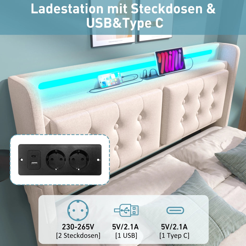 Letto matrimoniale 140x200 cm in tessuto cotone e lino beige con LED; prese e USB-C