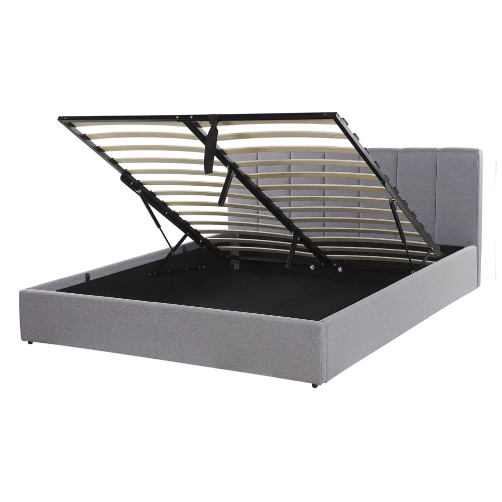 Letto contenitore Rivestimento in tessuto grigio chiaro 140 x 200 cm con testiera a doghe