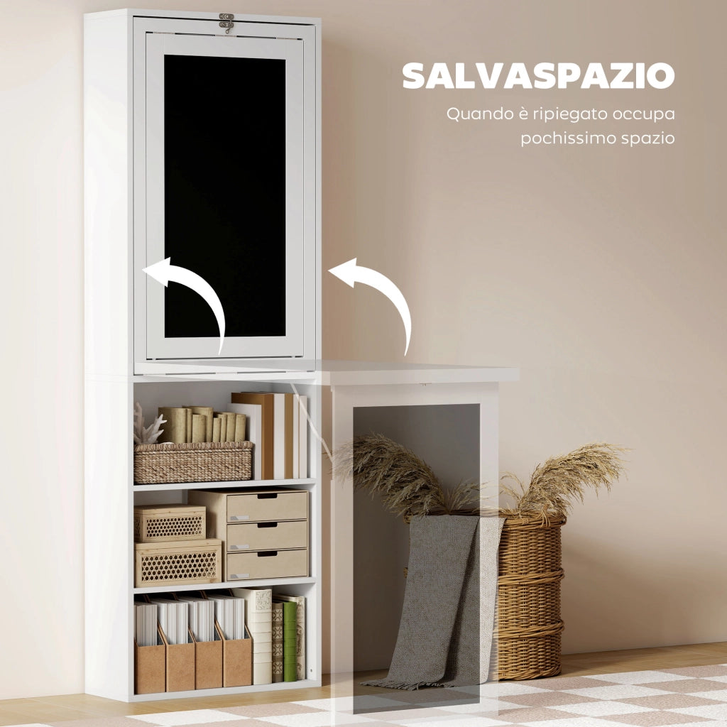 Scrivania PC Pieghevole con Libreria a 9 Ripiani in Legno e Metallo. 98x51x153 cm. Bianco