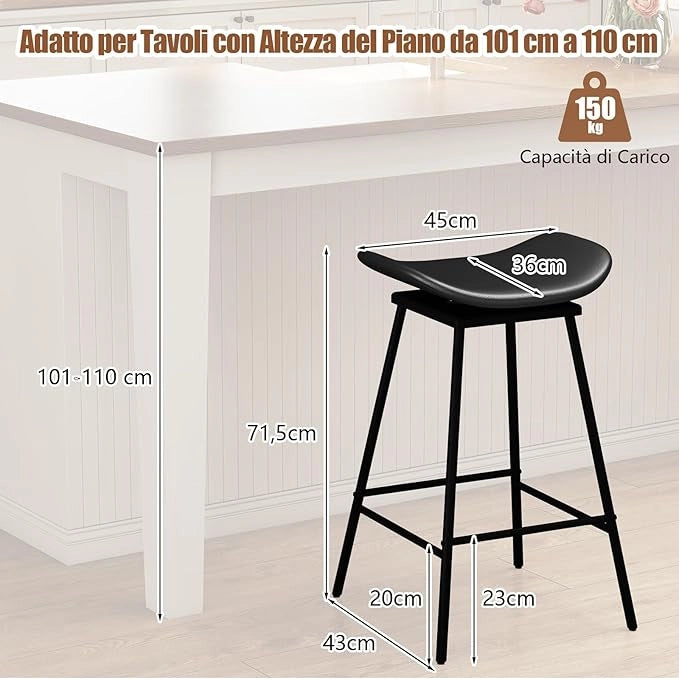 Set di 2 Sgabelli da Bar Girevoli, Sedie Alte Senza Schienale in Pelle Sintetica con Sedile a Sella Imbottito e Poggiapiedi, Portata 150 kg, per Isola della Cucina e Sala da Pranzo (Nero)