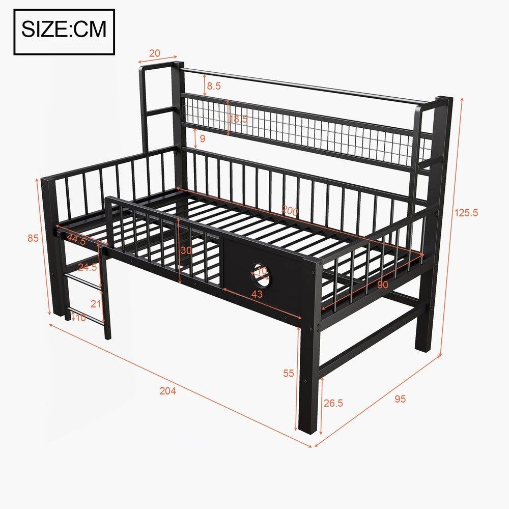 Letto a Soppalco Basso per Bambini ¨C Xylo ¨C Metallo Nero con Ripiani, 90x200