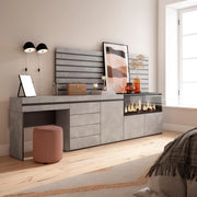 Tavolo da toeletta, 284x35x145cm, Con cassetto, Camino elettrico XXL, Cassettiera, Pannelli Decorativi, grigio cemento RF3469