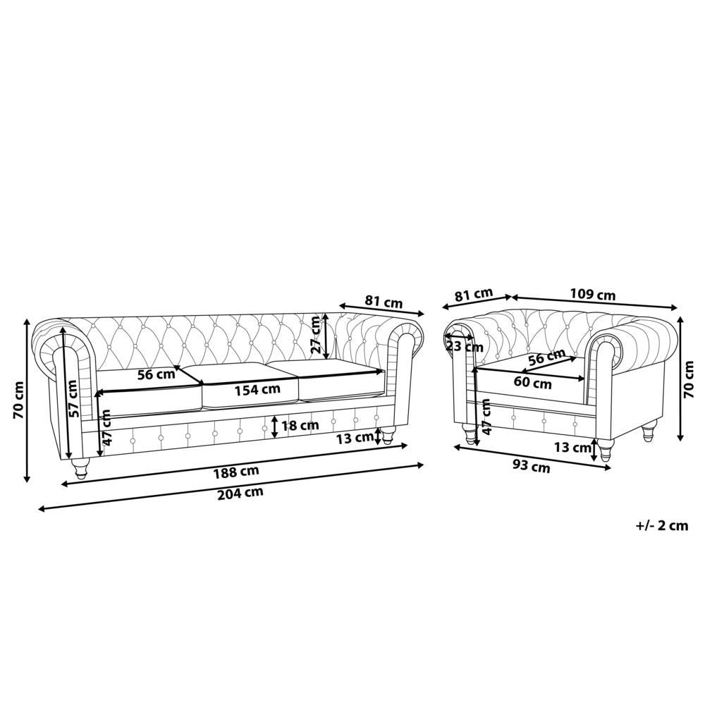Set soggiorno Chesterfield Rivestimento in velluto marrone scuro Gambe nere Divano a 3 posti + poltrona