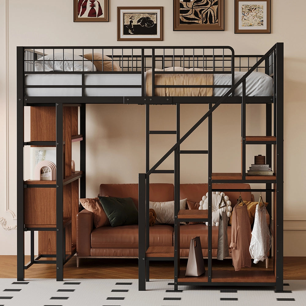 Letto a soppalco multifunzionale - Xylo - 140x200 cm - Nero - Con spazio di archiviazione e scala