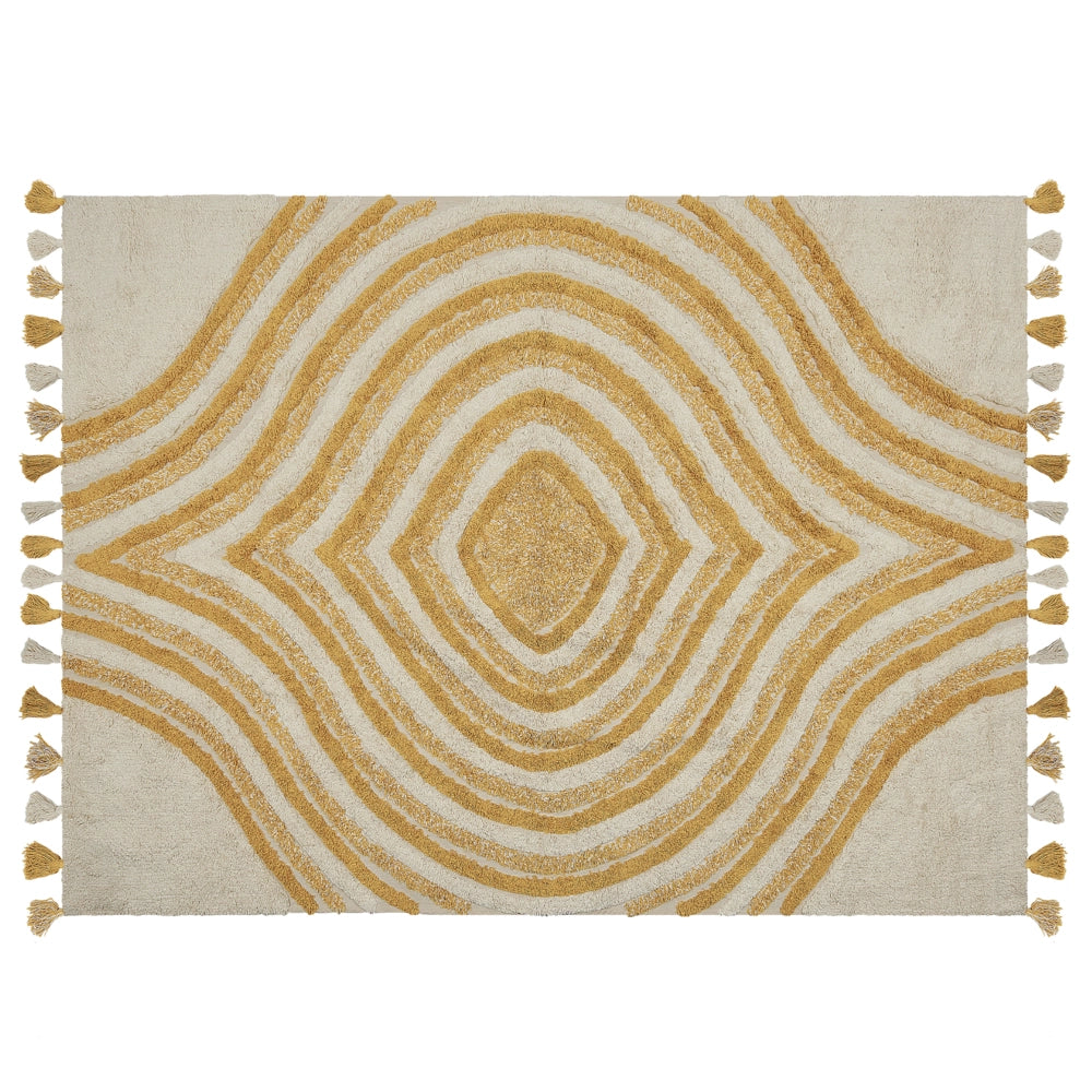 Tappeto beige e giallo 160 x 230 cm cotone fatto a mano motivo geometrico soggiorno camera da letto