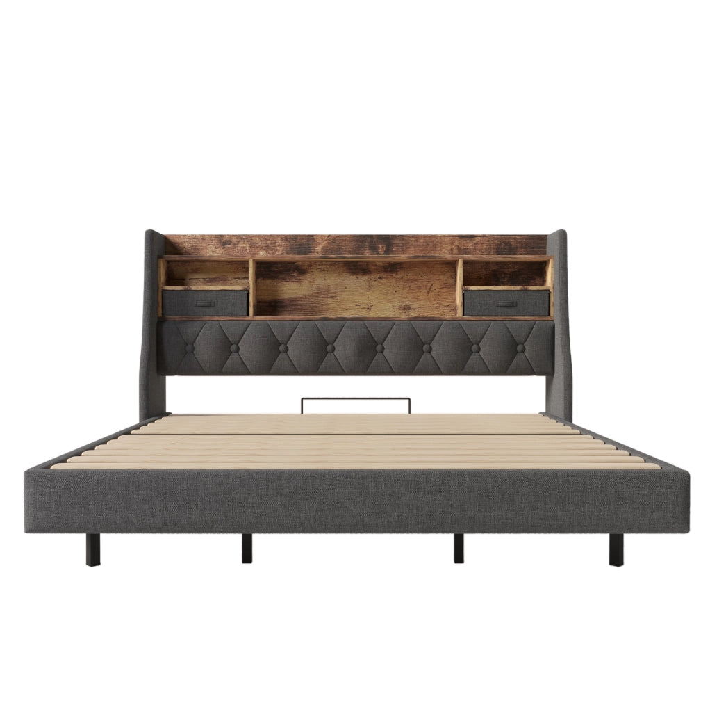 Letto matrimoniale 180x200 cm con LED; testiera con USB e Type-C; lino grigio