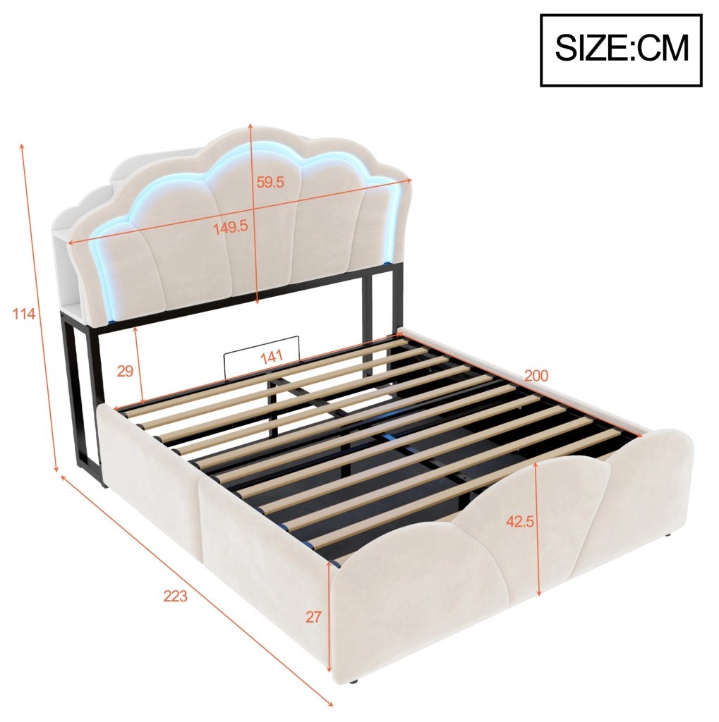 Letto imbottito 140x200 cm con contenitore idraulico; LED e vani nella testiera in velluto beige
