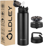 Fiasca RVS con cannella, 1L fiasca isolata con 3 coperchi, grande termos con capacità di 1 litro, impermeabile, mantiene caldo e freddo per sport, palestra, campeggio, bicicletta (nero, 3 coperchi)