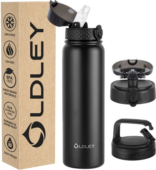 Fiasca RVS con cannella, 1L fiasca isolata con 3 coperchi, grande termos con capacità di 1 litro, impermeabile, mantiene caldo e freddo per sport, palestra, campeggio, bicicletta (nero, 3 coperchi)