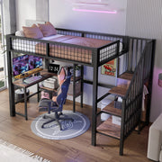 Letto a soppalco 90x200 cm con scrivania; scaffali e armadio in MDF e metallo nero e marrone