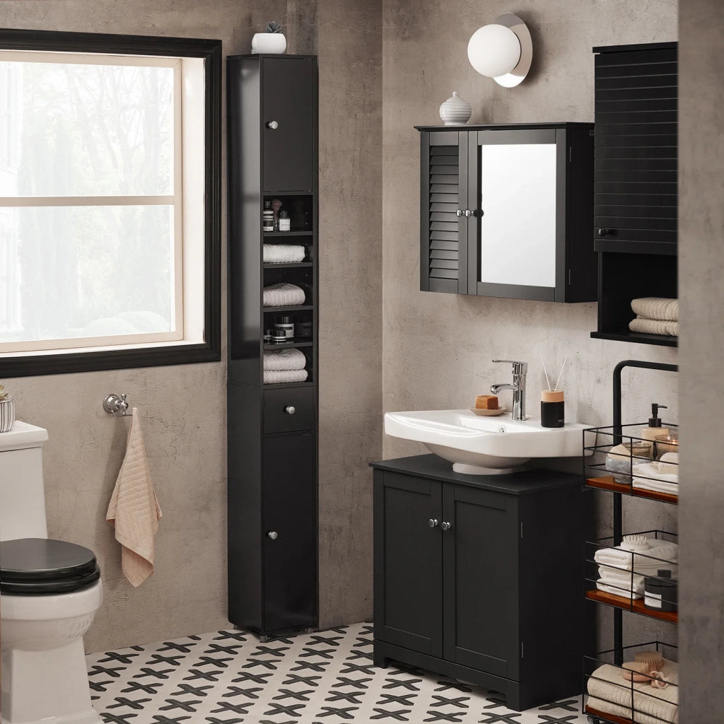 Armadio Colonna bagno, Mobile bagno alto con 2 Ante e 1 cassetto altezza: 180 cm Nero BZR34-SCH