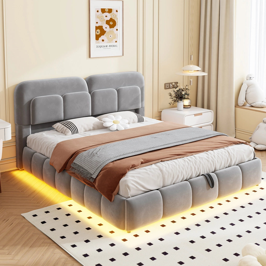 DESMIU Letto contenitore matrimoniale 140 × 200 cm con vano idraulico e LED, senza materasso, velluto grigio