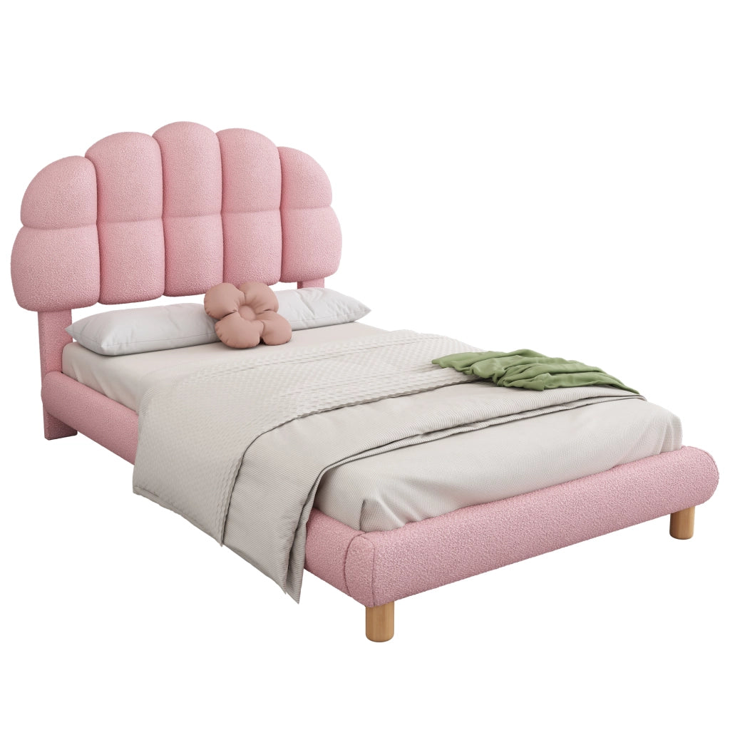 OKWISH Letto Singolo 90×200 cm, Letto Bambini con Testiera Imbottita Regolabile e 12 Doghe, senza Materasso, in Velluto, Rosa