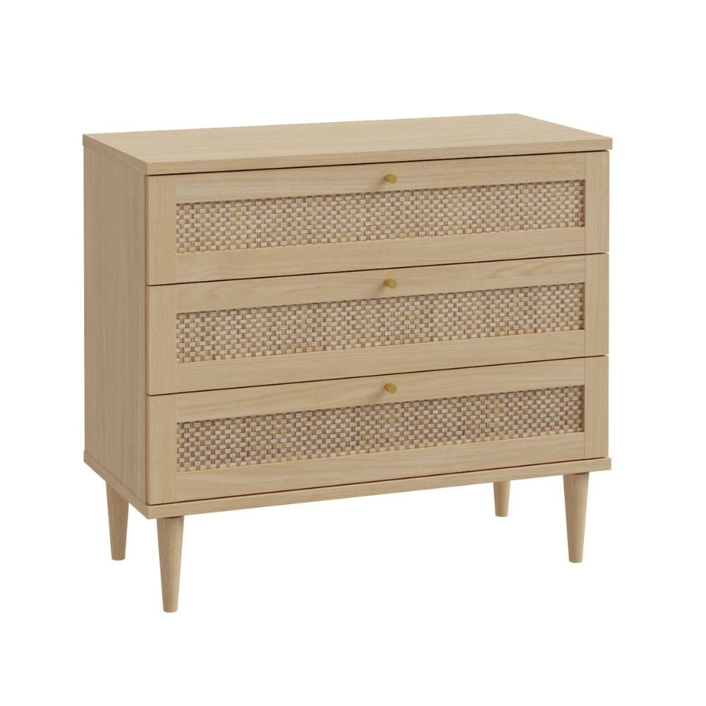 Cassettiera Livia 3 cassetti in rovere con dettagli effetto Rattan 90.4x41.4x80H