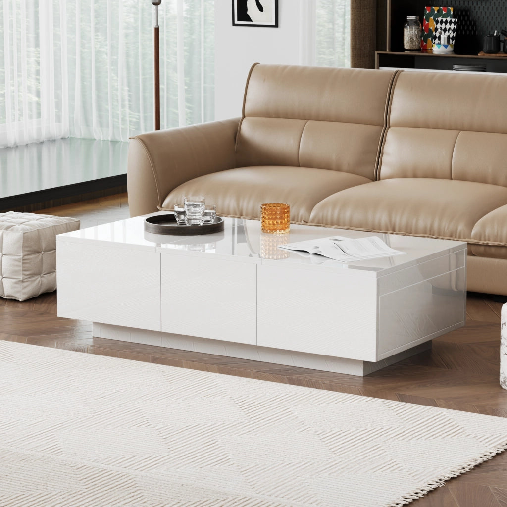 Tavolino da caffè 100x50x31 cm; vani nascosti e cassetti; truciolare bianco