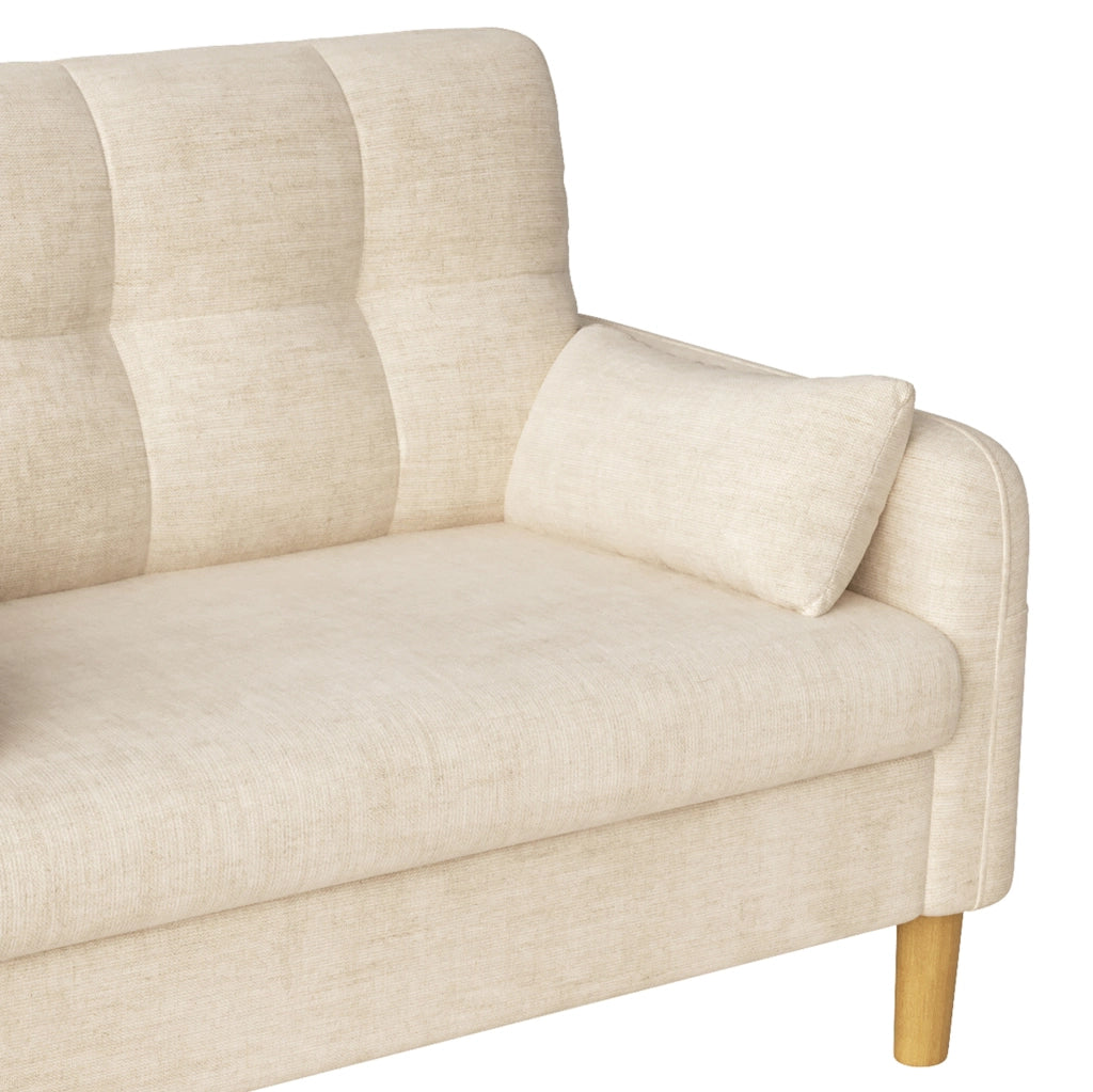Divano 2 posti beige in ciniglia; tasca laterale e 2 cuscini