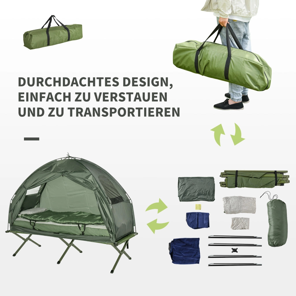 Set da campeggio 4 in 1 con tenda; sacco a pelo; materasso pieghevole verde scuro per avventure all'aperto