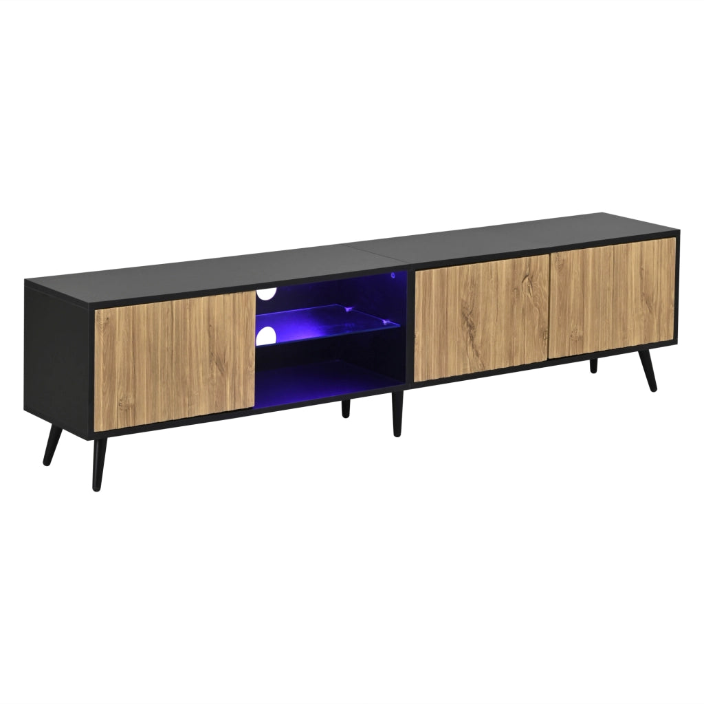 Mobile TV LED con Vetro Temperato ¨C MINIMAL ¨C Nero/Naturale, 175x31x43.5 cm, 6 Gambe, per 75 Pollici