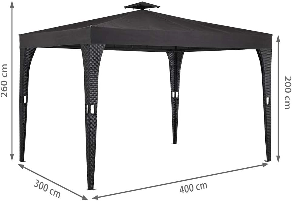 Gazebo da Giardino 3x4m Polyrattan Idrorepellente Padiglione Tendone Festa Protezione UV Nero