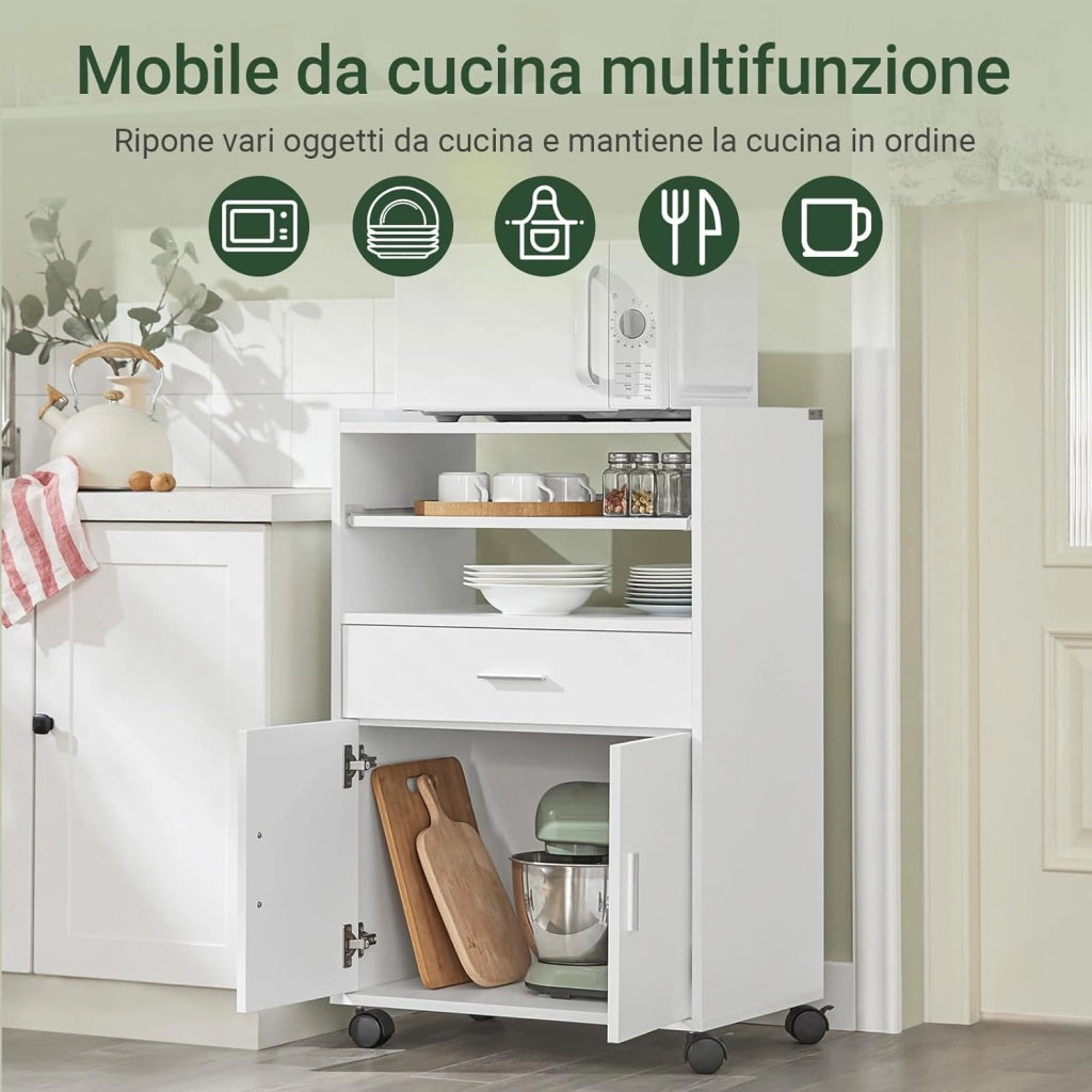 Carrello Cucina con Ruote, Mobile Microonde con Piano Estraibile e Cassetto, Mobile Cucina Salvaspazio per Piccoli Ambienti, Cucina, Coffee Station e Soggiorno, Bianco 59×40×92 cm FSB09-W