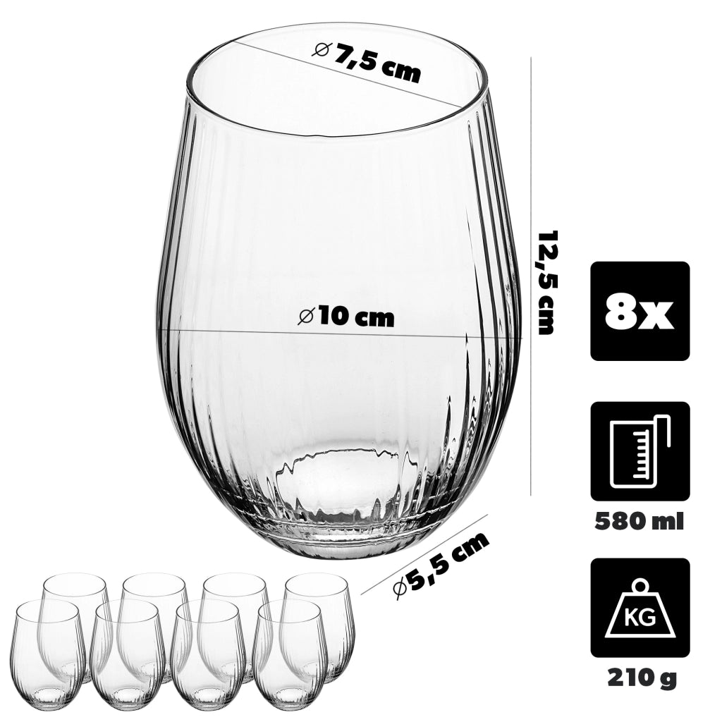 Set di 8 bicchieri da 580 ml per succhi di frutta, modello KADAX, con scanalatura, di grandi dimensioni.