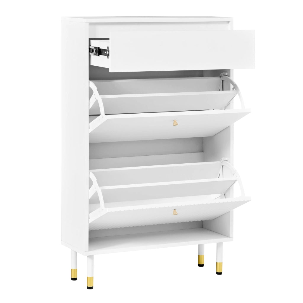 Scarpiera stretta con 2 vani a ribalta e cassetto 65x24x104 cm bianca