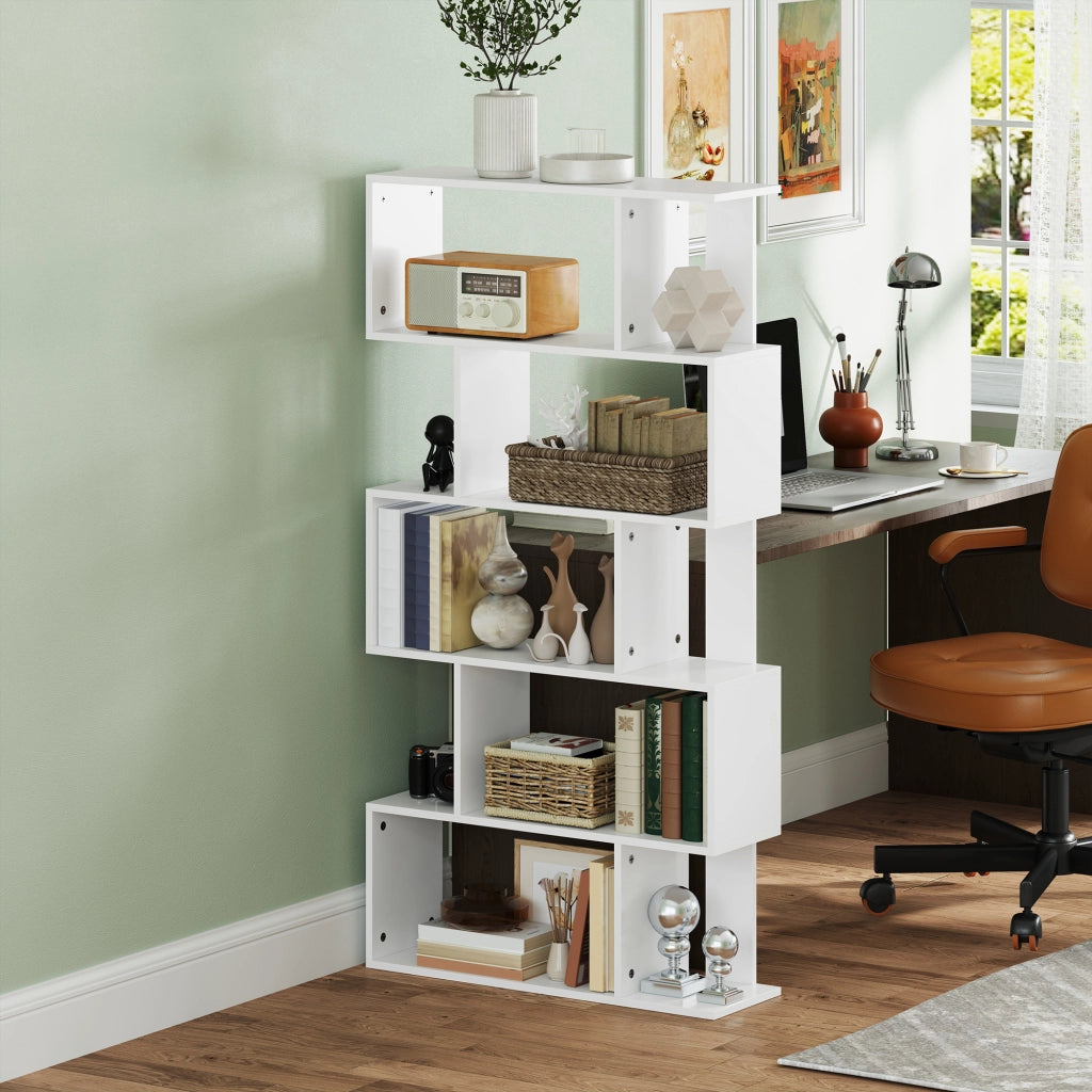Libreria Asimmetrica a S 5 Livelli 10 Ripiani Aperti ¨C zephmum ¨C Legno 80x24x159 Bianco