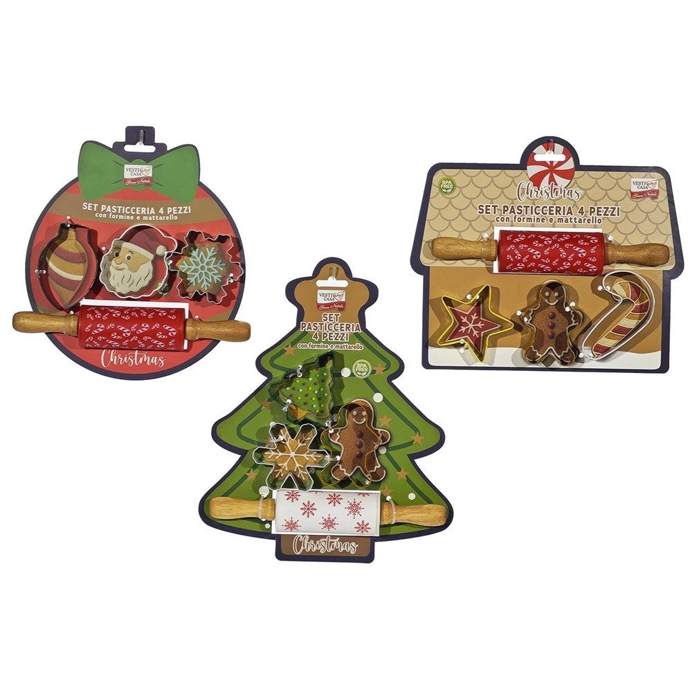 Trade Shop - Set 4 Pezzi Pasticceria Con Formine Tema Natalizie Per Dolci + Matterello In Silicone -