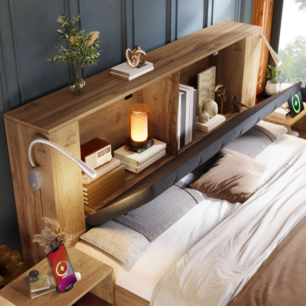 Letto Matrimoniale 180 x 200 cm - USB; Lampade; Comodini e Panca Contenitore - Rovere