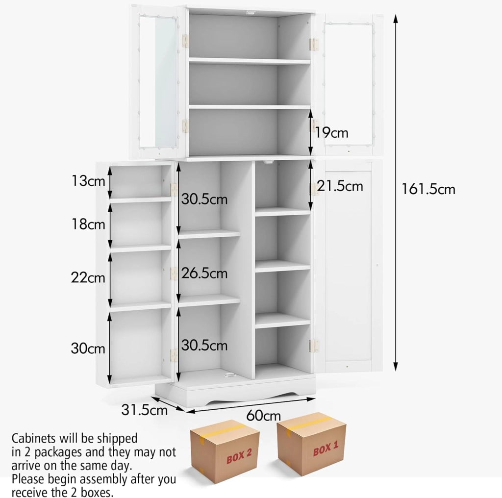Credenza da Cucina con Anta Multi-Stoccaggio, Mobile Cucina Dispensa con Dispositivo Antiribaltamento, Armadio di Stoccaggio, 60 x 31,5 x 161,5 cm, per Soggiorno, Sala da Pranzo (Bianco)