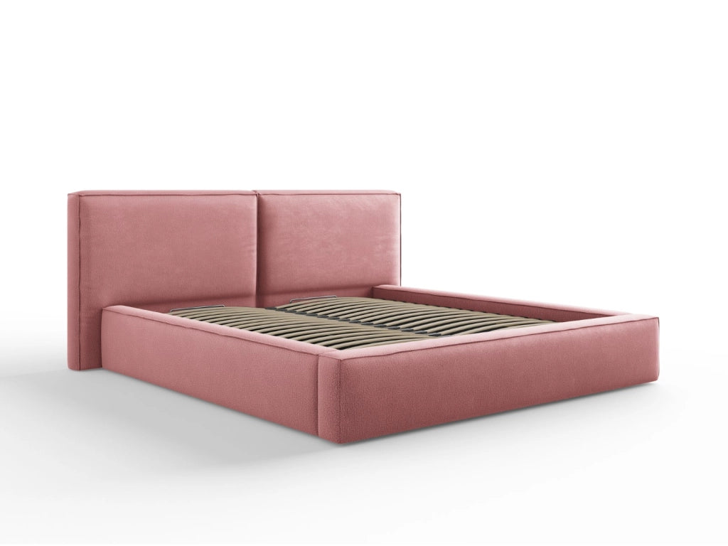 Cosmopolitan Design - Letto a cassettone con testiera doppia "Arendal" 180x200cm in tessuto strutturato rosa 