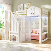 Letto a soppalco 90x200 cm con LED, scala contenitore e tenda