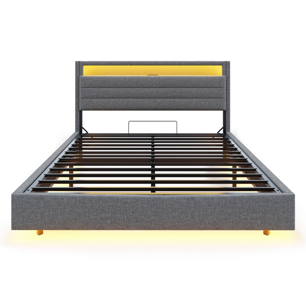 Letto matrimoniale imbottito 140x200 cm grigio con USB; LED e contenitore idraulico