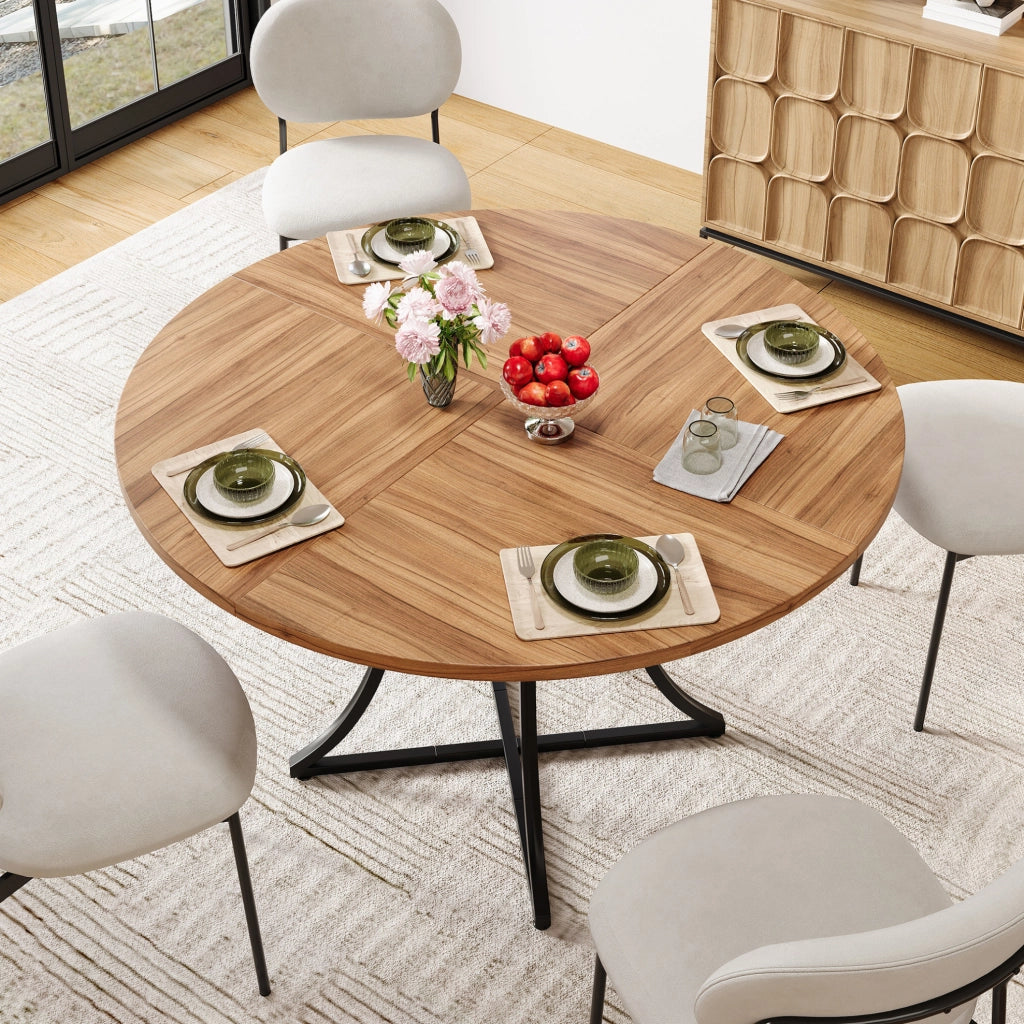 Tavolo rotondo da pranzo 100 cm in MDF effetto noce e metallo nero; con ripiano inferiore