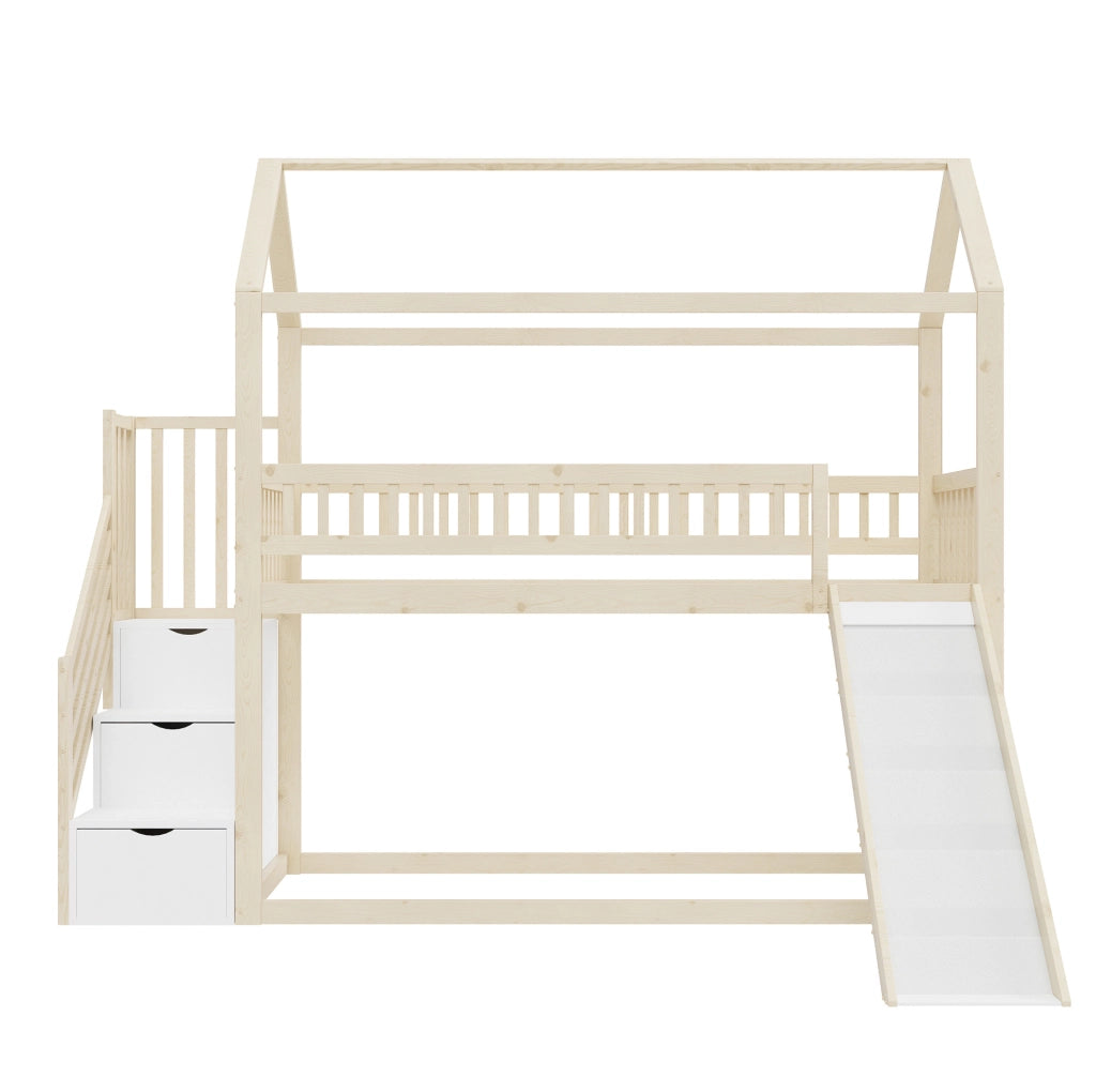 Letto a soppalco 90x200 cm con scivolo e scala contenitore in legno colore naturale