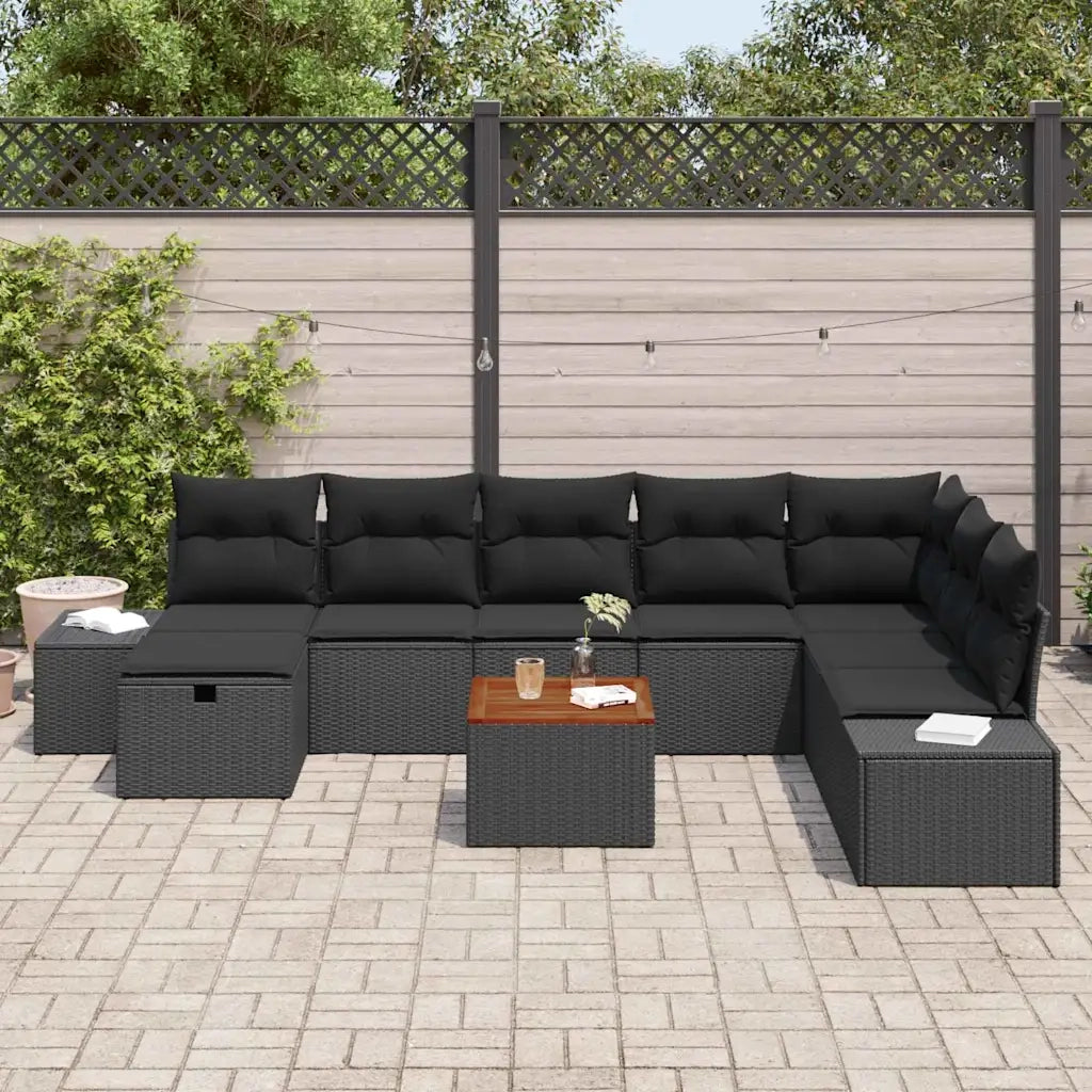 Set Divano da Giardino con cuscino 9 pcs Nero Poly Rattan