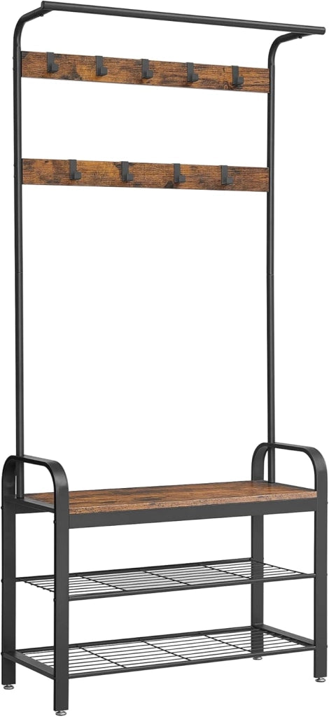 VASAGLE Appendiabiti con Scarpiera, Mobile da Ingresso con Panca, 4 in 1, 9 Ganci Rimovibili, Barra Attaccapanni, Entrata Corridoio, 33,7 x 77 cm, Industriale, Noce Medio e Nero HSR040B41