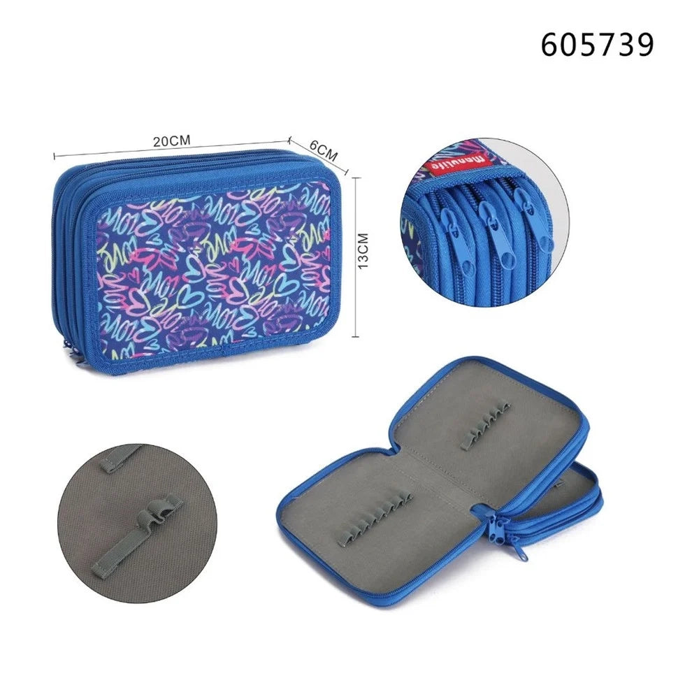 Trade Shop - Astuccio Scuola 3 Zip Cerniera Blu Motivo Con Cuori Stile Graffiti Per Matite Penne 605739 -