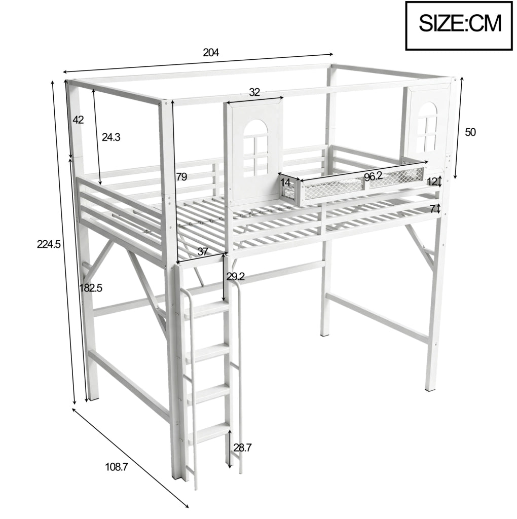 Letto a soppalco ULEVR 90x200 cm con tetto e finestre, scala con corrimano e ripiano, bianco