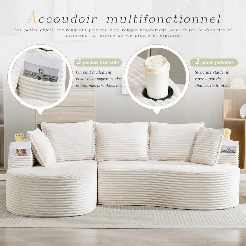 Divano lineare in velluto con portabicchieri e tasca laterale, schiuma ad alta densità e cuscino beige
