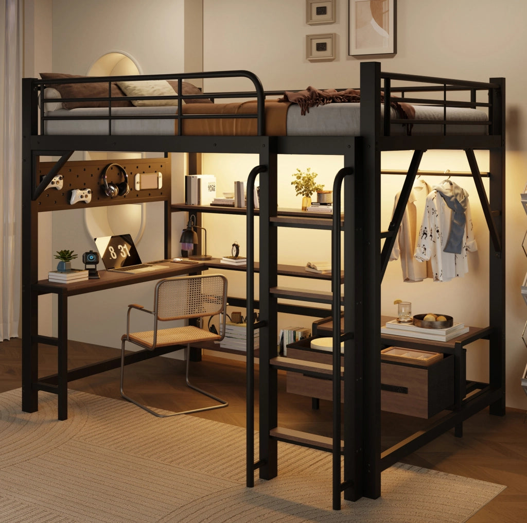 Letto a soppalco 140x200 cm con scrivania; LED; USB; ripiani e cassetti in tessuto; nero