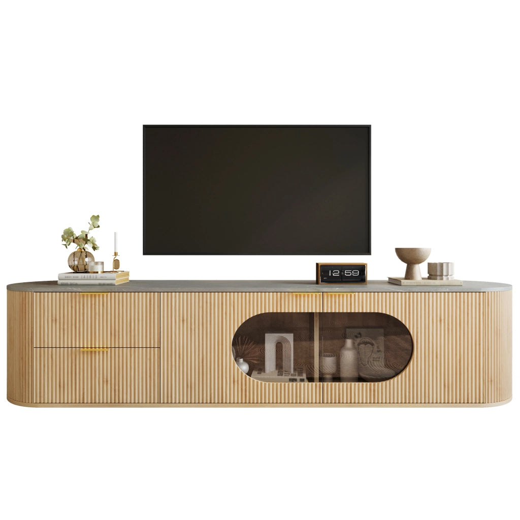Mobile TV con 2 Ante 3D; 2 Cassetti e Vetrina Ovale in Vetro Grigio; Stile Minimalista; 172??38??45;5 cm; Naturale
