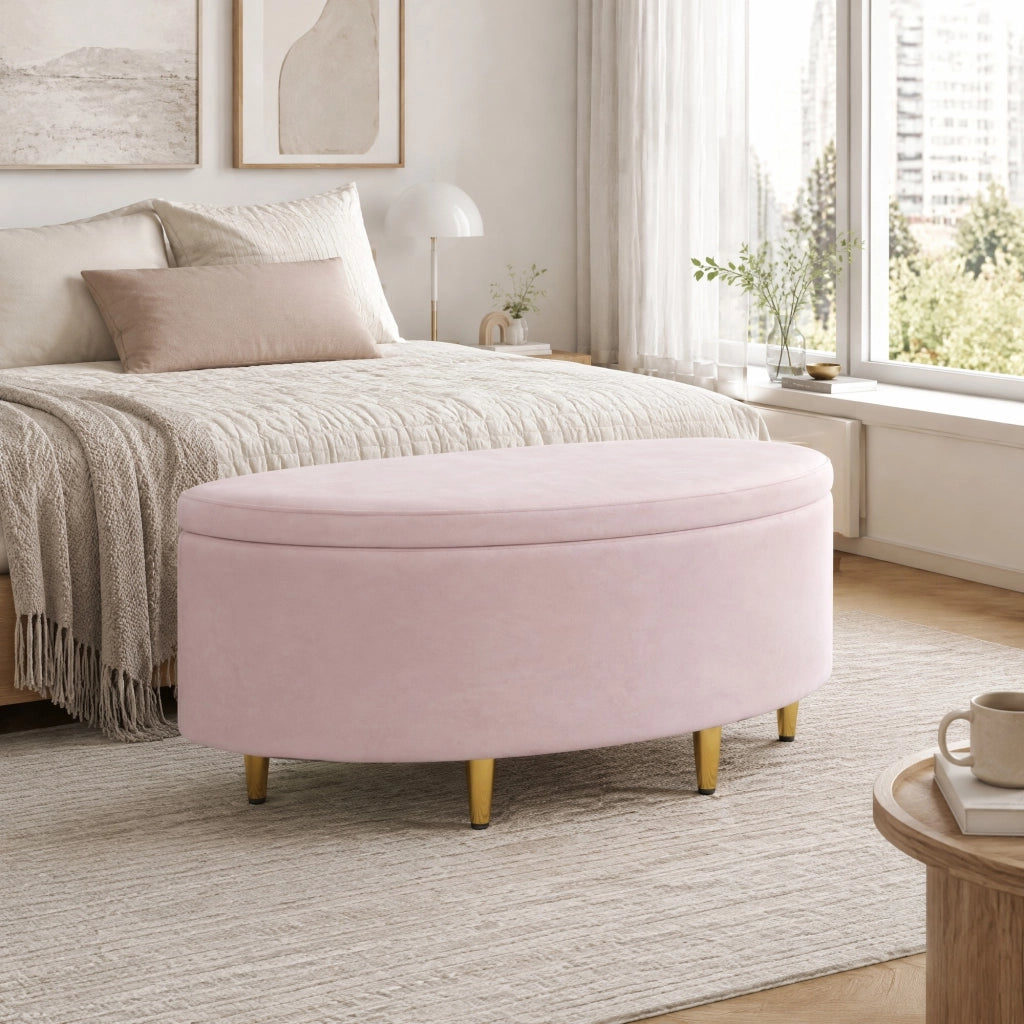 Panca imbottita in velluto con vano contenitore, 90 x 40 x 42 cm, rosa