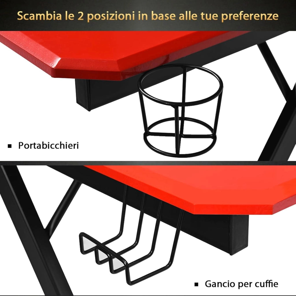 Scrivania da Gaming, Scrivania per Computer Ergonomico, con Porta Bicchiere, Gancio per Cuffie, Superficie in Fibra di Carbonio e Supporti Audio, 120 x 60 x 77 cm